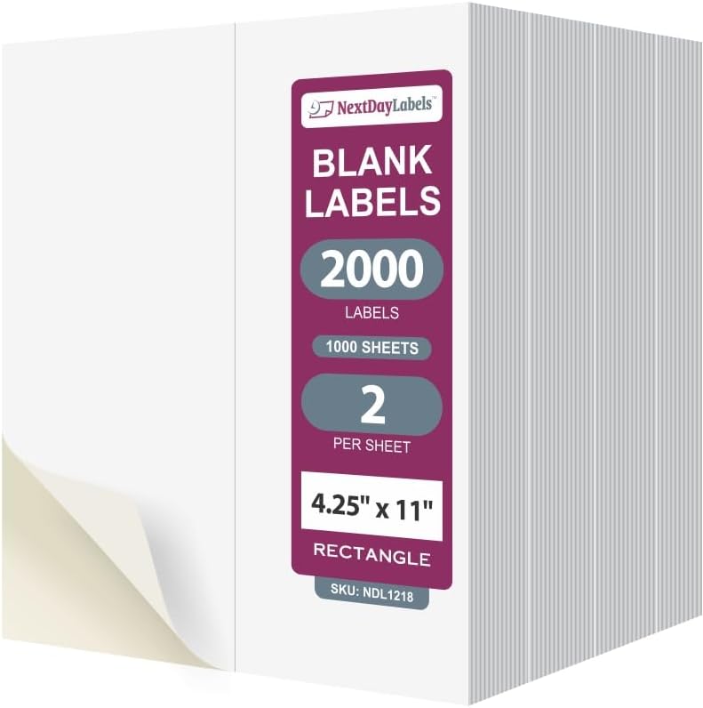 NextDayLabels – 4-1/4" x 11" Rectangular Sticker Labels for Printer - White Laser/Inkjet Printer Labels Return Address Labels Shipping Label Stickers (1000 Sheets, 2 Per Sheet, 2000 Labels)