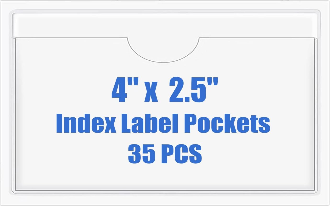 Origin-Joy 35 PCS Self Adhesive Index Card Pockets with Top Open, Clear Plastic Label Holder for Notes, Library and Business, Adhesive Label Pockets & Card Holder (4 x 2.5 inch)