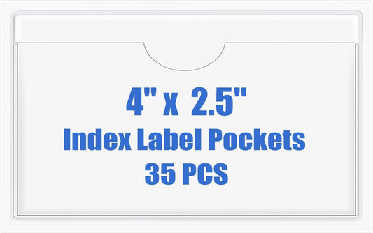 Origin-Joy 35 PCS Self Adhesive Index Card Pockets with Top Open, Clear Plastic Label Holder for Notes, Library and Business, Adhesive Label Pockets & Card Holder (4 x 2.5 inch)