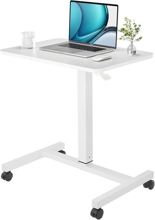 CLATINA Mobile Laptop Desk Pneumatic Sit to Stand Table Height Adjustable Rolling Cart with Lockable Wheels for Home Office Computer Workstation 28" x 19" White Round Edge Design Elegant