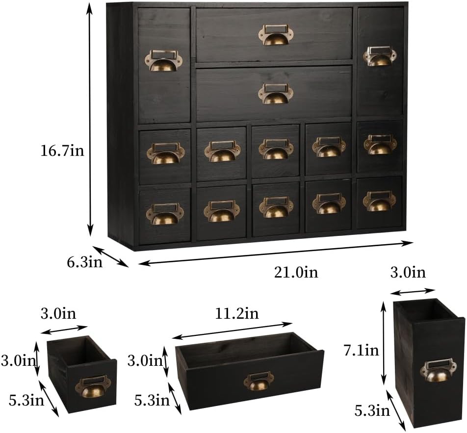 Apothecary Drawers Card Catalog Cabinet with 14 Drawers Wooden Card Catalog Wooden Storage Box for Desktop Organizer (Black)