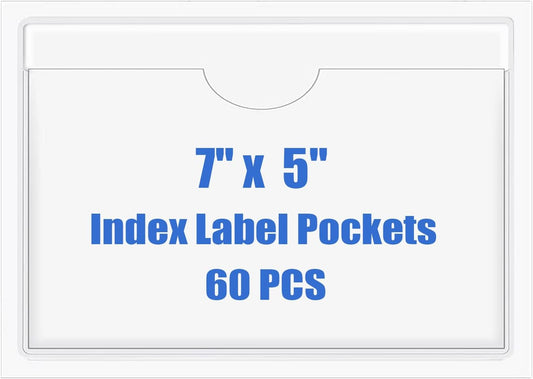 Origin-Joy 60 PCS Self Adhesive Index Card Pockets with Top Open, Clear Plastic Label Holder for Cards of Note, Library and Business, Adhesive Label Pockets & Card Holder (7 x 5 inch)