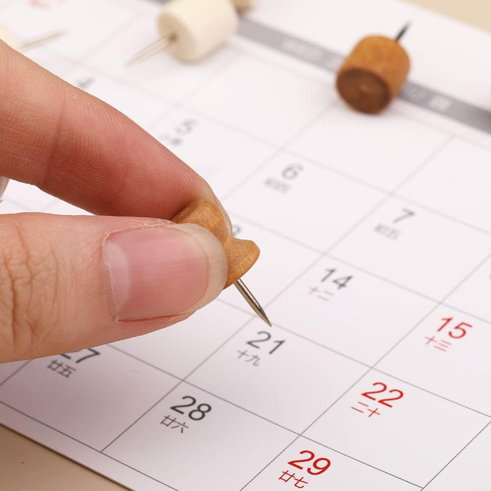 114 Pcs Wood Push Pins, 2 Colors and 7 Types Decorative Thumb Tacks Wooden Head Pin Map Tacks Marking Pin, Wood Thumb Tacks Decorative for Bulletin Boards Craft Projects with Storage Box