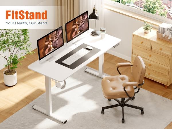 Adjustable Stand Up Desk with Memory Preset, Standing Desks 55 x 24 Inch Electric Home Office Desk Computer Workstation Splice, White Top + White Frame