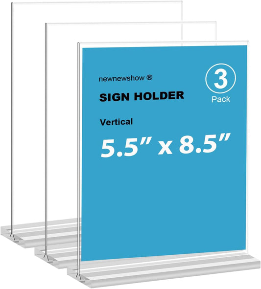 newnewshow Acrylic Sign Holder 5.5x8.5 Inch 3 Pack Vertical T Shape Double-Sided Desktop Display Holder. (Optional 8.5x11 8.5x5.5 5x7 Horizontal and Vertical)