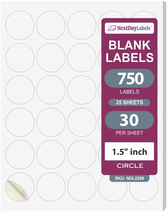 NextDayLabels 1.5 Inch Round Label Matte White, Blank Laser/Inkjet Printer Label Circle Sticker (750 Labels, 25 Sheets of 30)