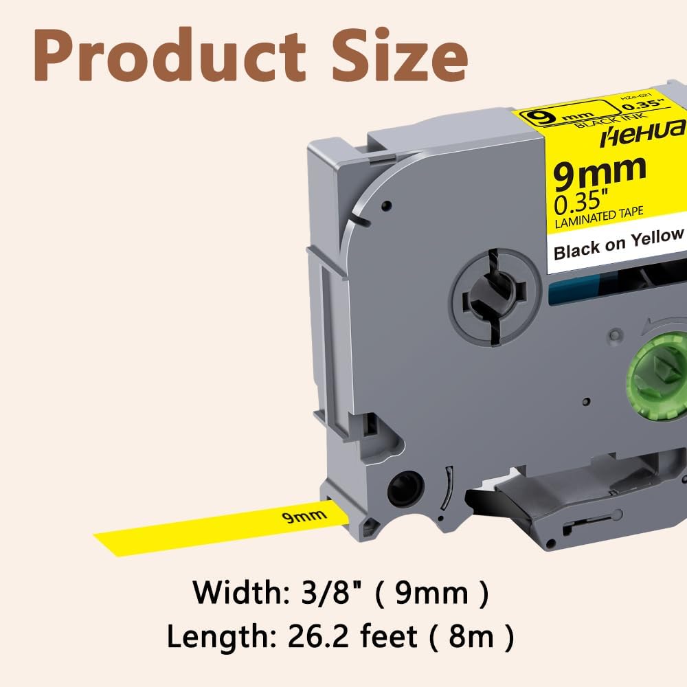 Hehua Tape Tze Tz 9mm 0.35 Laminated Yellow Compatible for Brother P-Touch TZe-621 TZe621 TZ-621 TZ621 Tape for Ptouch PT D210 D220 D200 D610 H110 1880, 3/8'' x 26.2ft Black on Yellow, 3 Pack