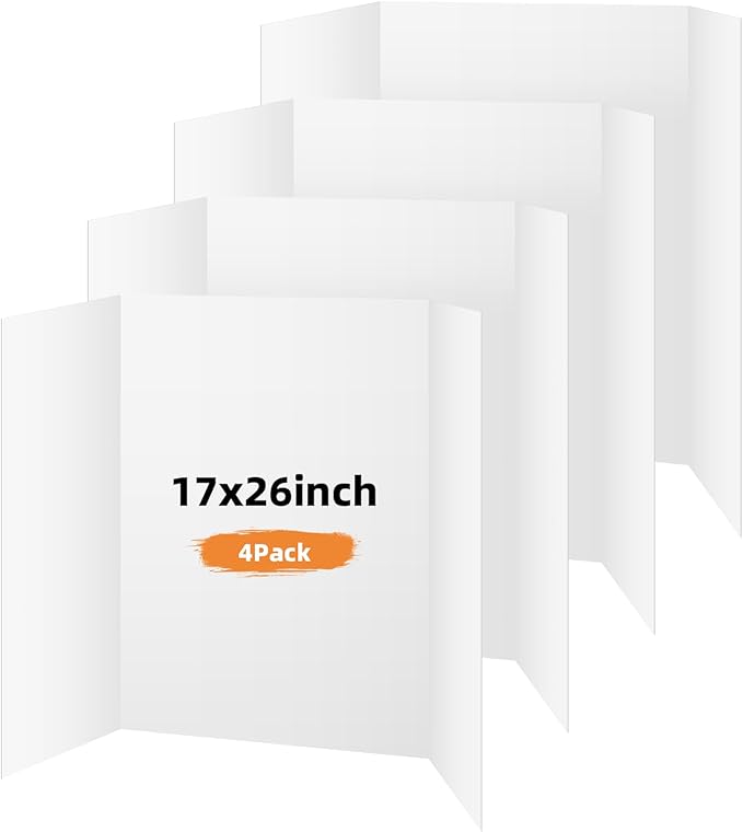 4 Pack Trifold Poster Board, 17x26 Inches White Presentation Board, Portable Display Board for Science Fair, School DIY Project and Business Exhibitions