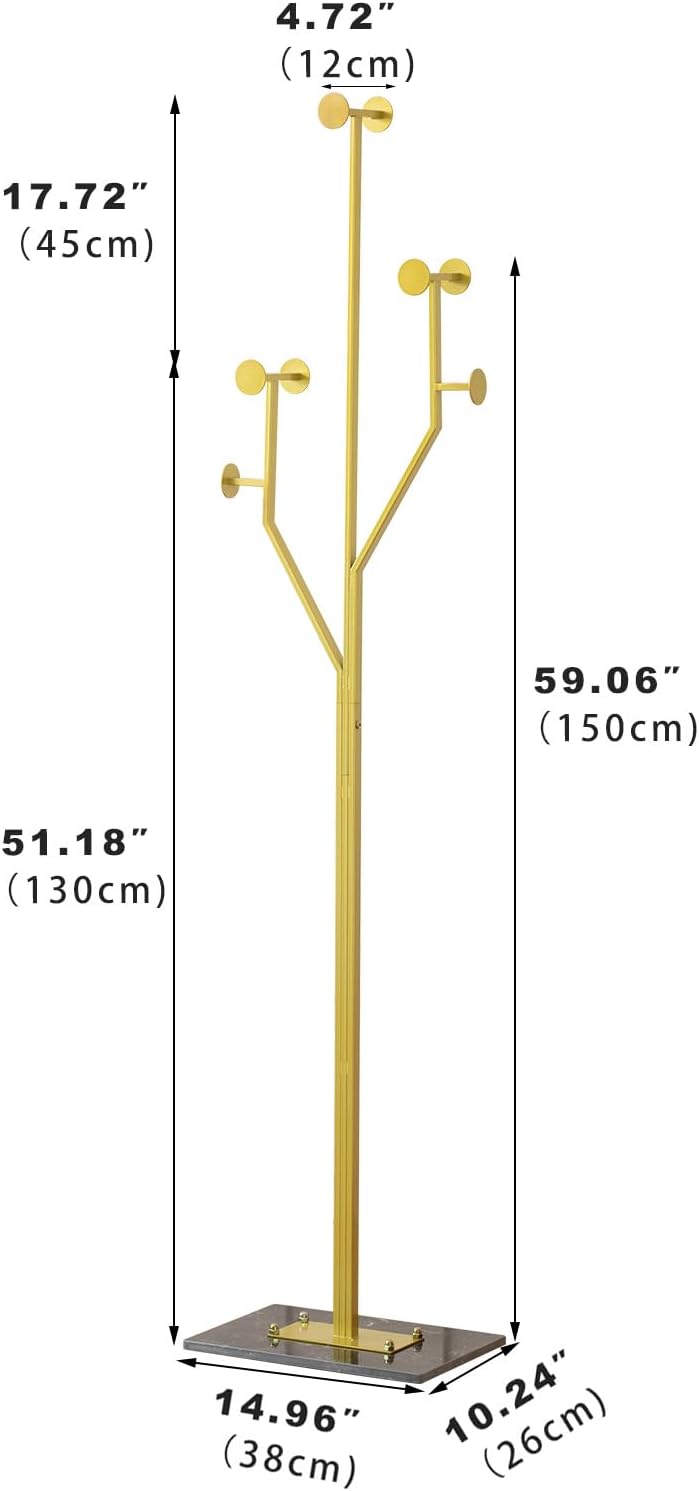 Heavy Duty Coat Rack Tree-shaped Metal Freestanding Coat Tree with Sturdy Marble Base Corner Coat Rack for Bedroom Entryway Hallway 14.96 x 10.24 x 68.9 Inches (Gold)