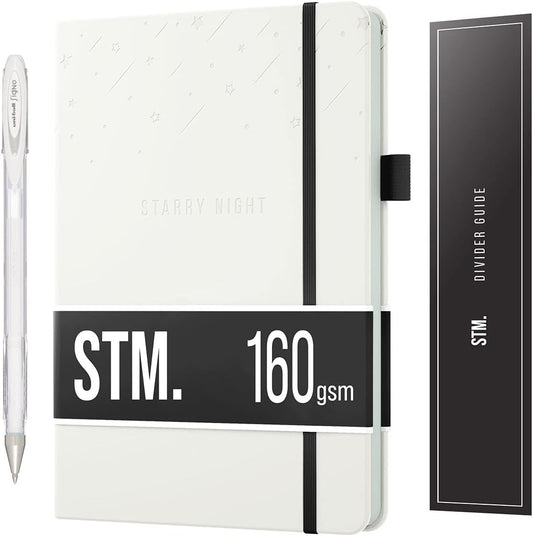 Black Paper Bullet Dotted Journal Notebook | A5 Starry Night by Scribbles That Matter | Free white gel pen | 160gsm Blackout no-bleed dot grid paper | For Men and Women | 5.75 x 8.5 in | White