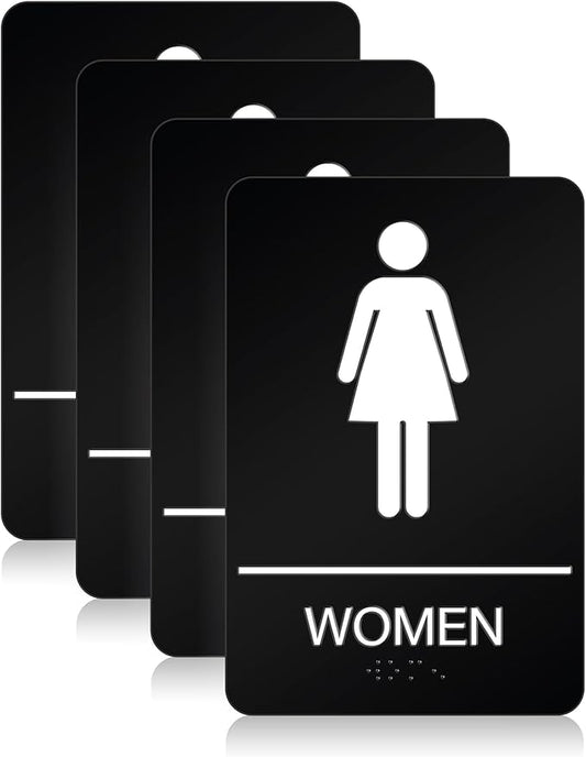 ADA Braille Womens Restroom Sign for Business with Double Sided 3M Tape - ABS Plastic Womens Bathroom Sign 9” x 6” for Offices and Restaurants