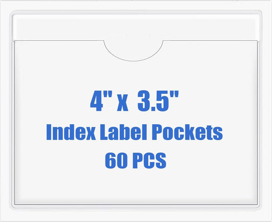 Origin-Joy 60 PCS Self Adhesive Index Card Pockets with Top Open, Clear Plastic Label Holder for Cards of Note, Library and Business, Adhesive Label Pockets & Card Holder (4 x 3.5 inch)