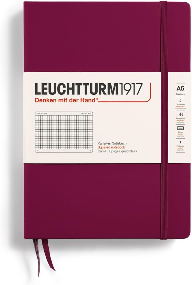 LEUCHTTURM1917 - Notebook Hardcover Medium A5-251 Numbered Pages for Writing and Journaling (Port Red, Squared)