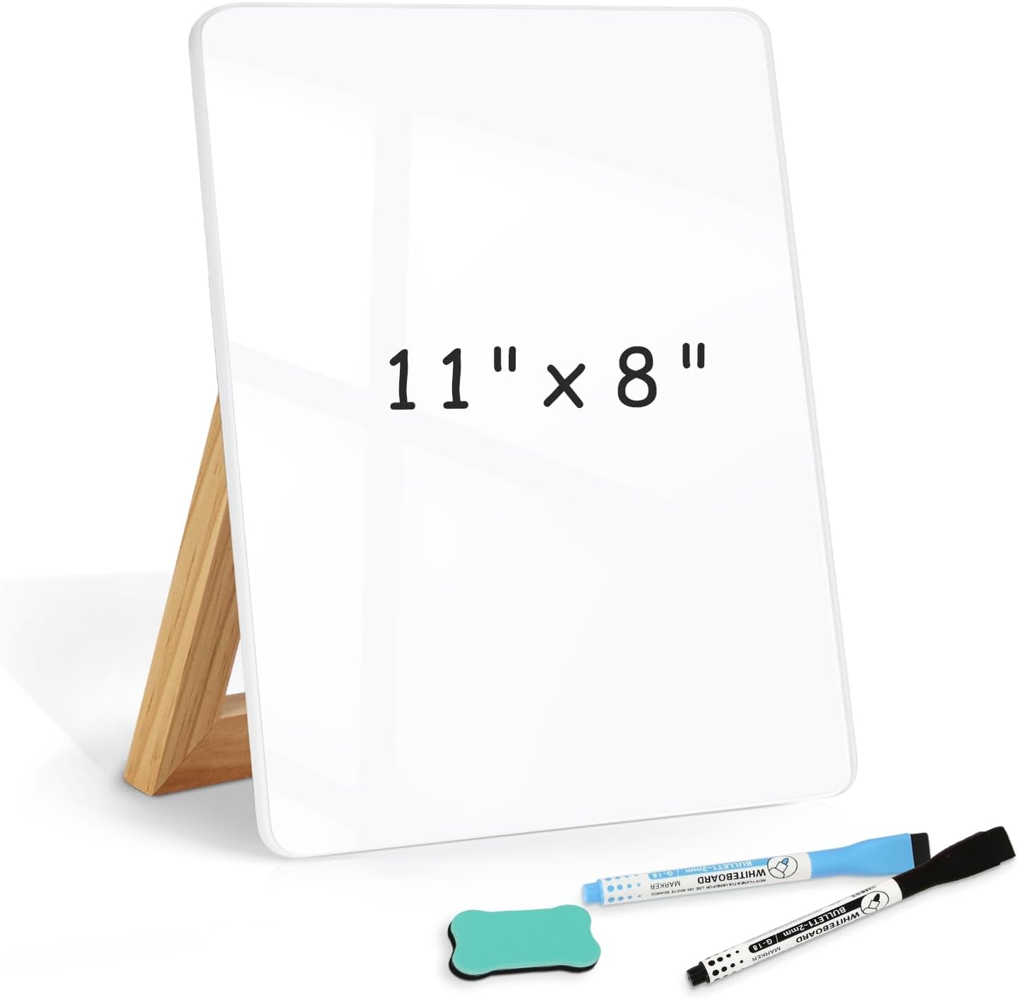 WALGLASS Desktop Glass White Board 11"x 8" with Reversible Wood Stand, Small Dry Erase Board, Portable Whiteboard for Desk, Reusable Desk Notepad with 2 Markers&Eraser for Home, Office