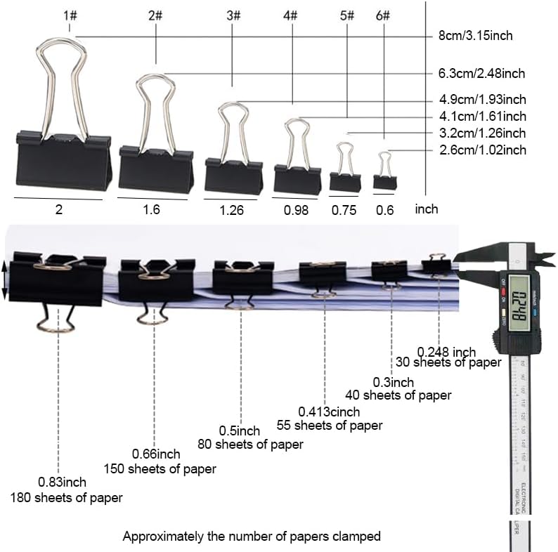 200PCS Binder Clips Paper Clamps Assorted Sizes (Black), Jumbo, Large, Medium, Small, Mini and Micro,6 Sizes with Box for Office, School and Home