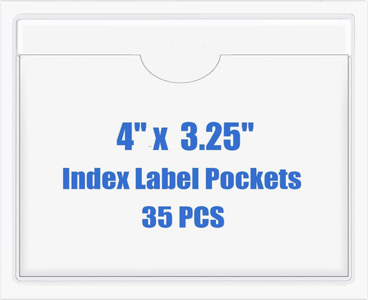 Origin-Joy 35 PCS Self Adhesive Index Card Pockets with Top Open, Clear Plastic Label Holder for Cards of Note, Library and Business, Adhesive Label Pockets & Card Holder (4 x 3.25 inch)