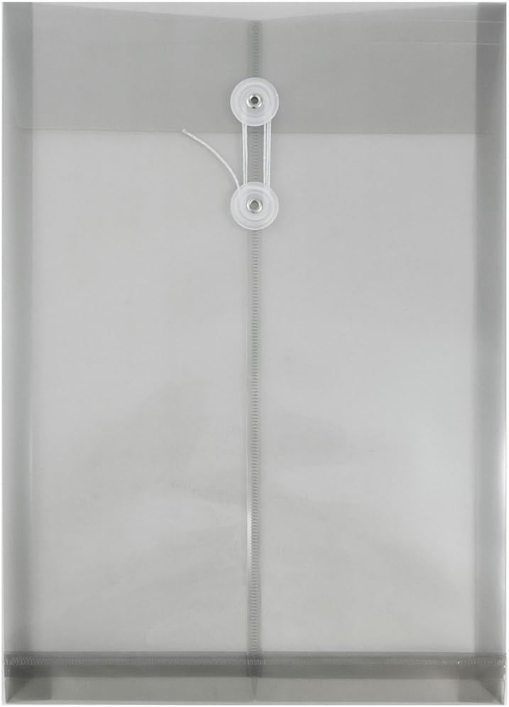 JAM PAPER Plastic Envelopes with Button & String Tie Closure - Legal Open End - 9 3/4 x 14 1/2 - Smoke Gray - 12/Pack