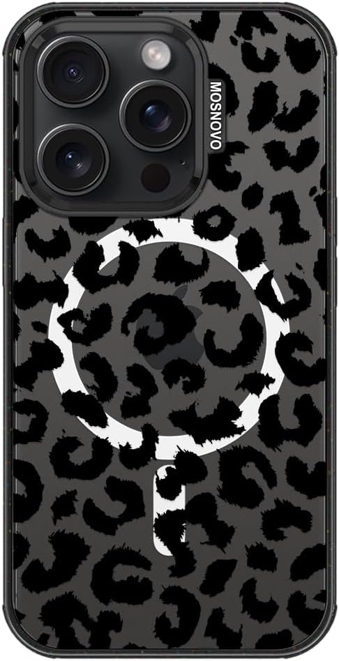 MOSNOVO Magnetic Case for iPhone 15 Pro, 10ft Military-Grade Protection, Compatible with Magsafe, Shockproof Phone Case for iPhone 15 Pro - Black Leopard Print - Clear Black