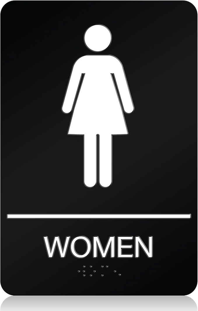 ADA Braille Womens Restroom Sign for Business with Double Sided 3M Tape - ABS Plastic Womens Bathroom Sign 9” x 6” for Offices and Restaurants