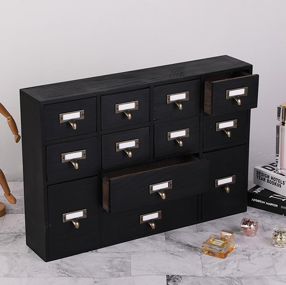 12 Drawers Apothecary Cabinet with Drawers Tabletop Apothecary Drawers Library Card Catalog Cabinet Medicine Cabinets Wood Desk Organizer Wooden Storage Box (Black)