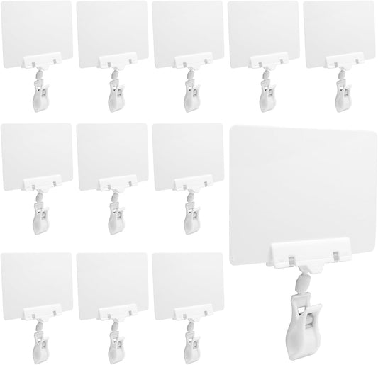 Biaungdo 12 Pcs Plastic Chalkboard Sign with Rotating Clip, Erasable Blackboard Price Tags Double Sided Waterproof Blackboard Clips Display Clip Holder for Shelves,Store,Business, Supermarket(White)