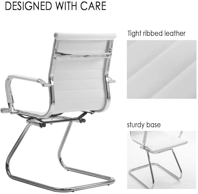 White Office Desk Chair No Wheels Set of 4 PU Leather Computer Chairs Mid Back Guest Chairs for School Reception Conference Waiting Room, White
