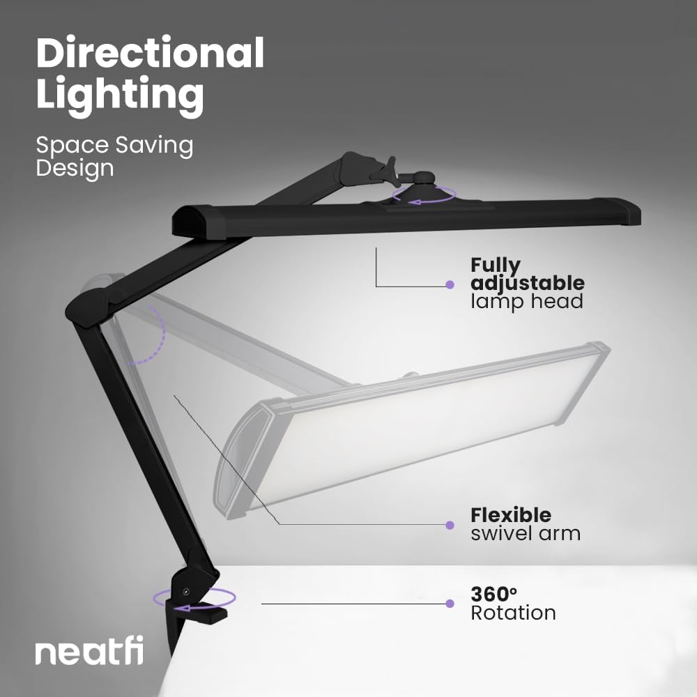 Neatfi Ultra 3,500 Lumen LED Desk Lamp, 45W, 26-Inch Wide Metal Shade, 270 SMD LEDs (Non-CCT with Clamp, Black)