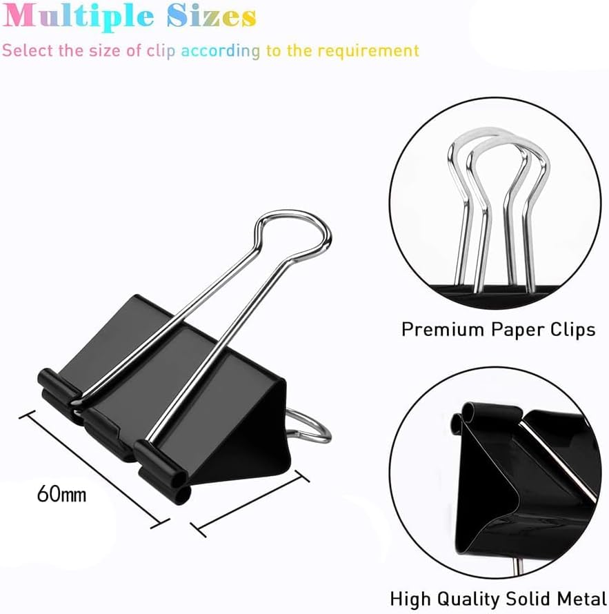 Extra Large Binder Clips, 12 Pack, 2.4 Inch, Standard 60mm, Black, Jumbo Paper Clips, Fold Clamp, Office and School Supplies, with Storage Container