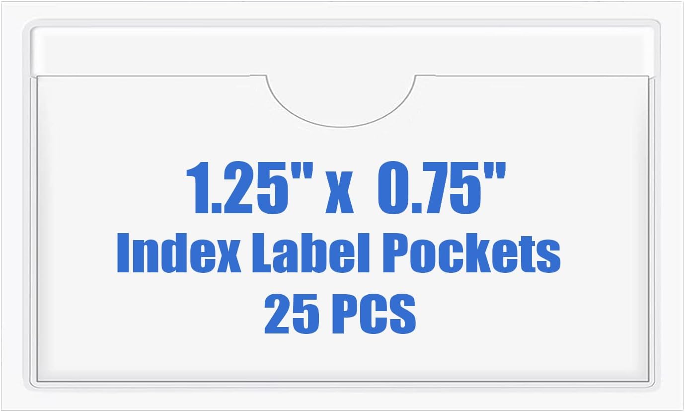 Origin-Joy 25 PCS Self-Adhesive Index Label Pockets, Clear Plastic Peel & Stick Card Holders with Top Open for Loading (1.25 x 0.75 inch)