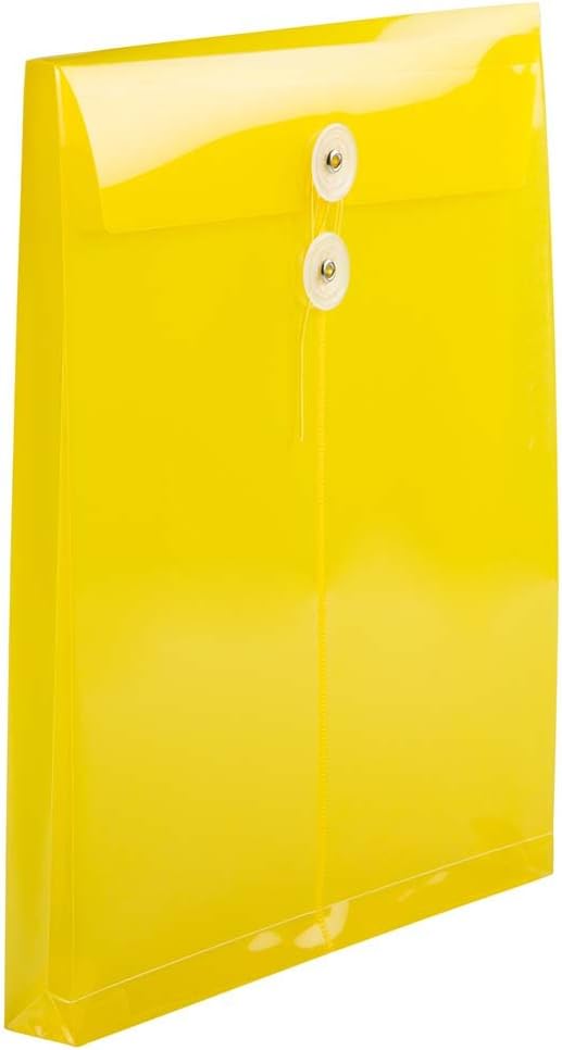 JAM PAPER Plastic Envelopes with Button & String Tie Closure - Letter Open End - 9 3/4 x 11 3/4 - Yellow - 12/Pack