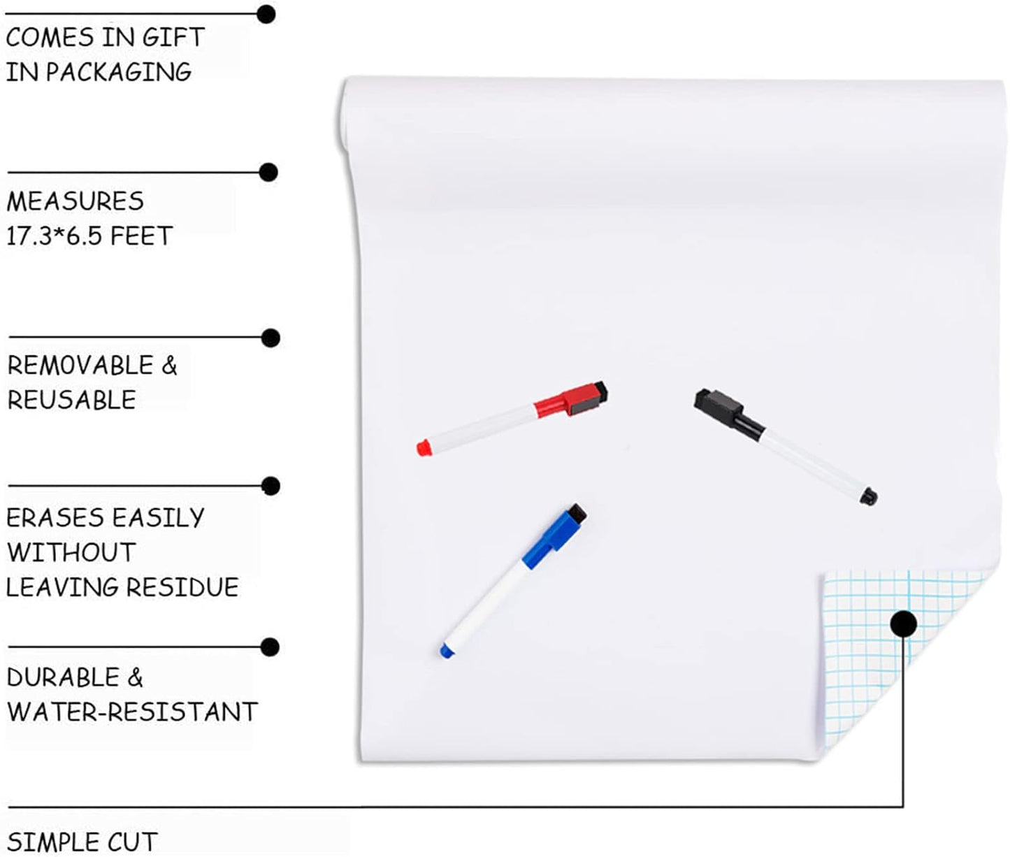 White Board Paper - 17.3” x 78.7” (6.5 Feet) - Self-Adhesive Dry Erase Board Sheet Sticker Removable Wall Decals for Kids, Office, School & Home with 3PCS Marker Pen