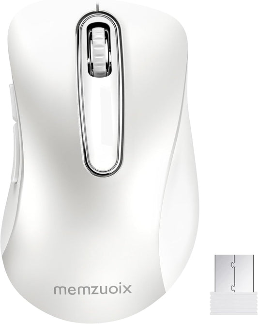 memzuoix 2.4G Wireless Mouse, 1400 DPI Computer Mice with USB Receiver, Portable Wireless USB Mouse Battery Powered Cordless Mice for Laptop, PC, Desktop, 5 Buttons (White)