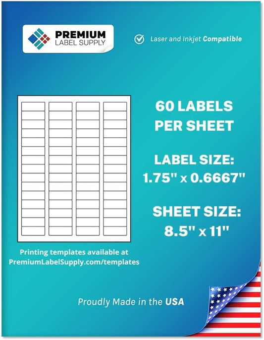 Premium Label Supply White Sticker Return Address Labels – 1-3/4" x 2/3" – Laser/Inkjet Compatible – (60 per Sheet), 500 Sheets – 30,000 Total Adhesive Labels