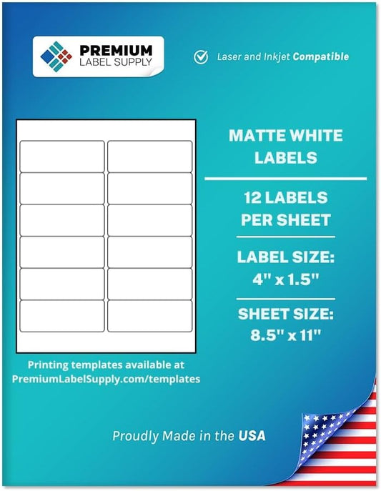 Premium Label Supply White Sticker Address Labels – 4" x 1.5" – Laser/Inkjet Compatible – (12 per Sheet), 500 Sheets – 6,000 Total Adhesive Labels