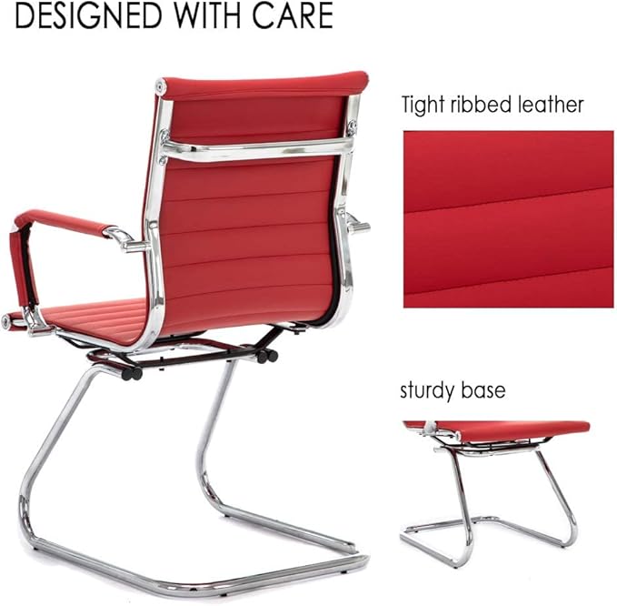 Office Desk Chair Set of 8,No Wheels PU Leather Computer Chairs Mid Back Guest Chairs with Seld Base for School/Reception/Conference/Waiting Room,Burgundy Red