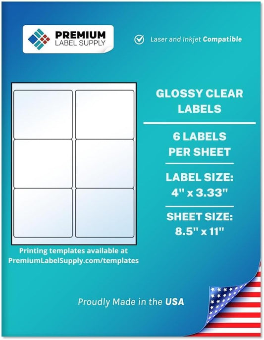 Premium Label Supply Glossy Clear Mailing Labels – 4" x 3.33" – Laser/Inkjet Compatible – (6 per Sheet), 500 Sheets – 3,000 Total Adhesive Labels