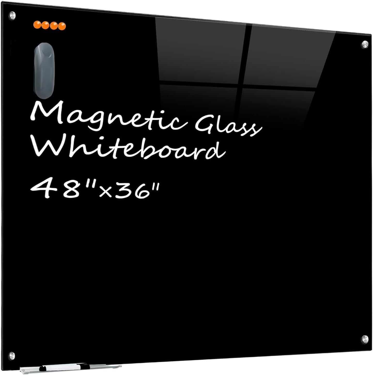 KIZZBY Black Glass Dry Erase Board - Magnetic Blackboard for Wall, 48"x36" Large Frameless Black Whiteboard for Office, Home & School