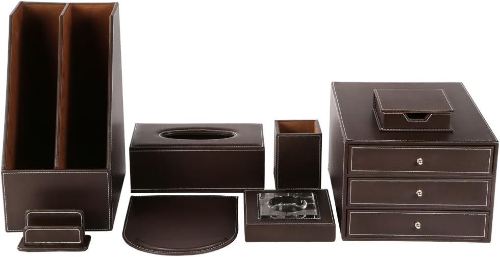 KINGFOM 8 PCS/SET Desk Organizers, Pu Leather Office & Home Desktop Decor Supplies Storage Box, Including Files Organizer Drawer, Memo Paper Holder, Tissue Holder and Mouse Pad etc (T03-Brown)