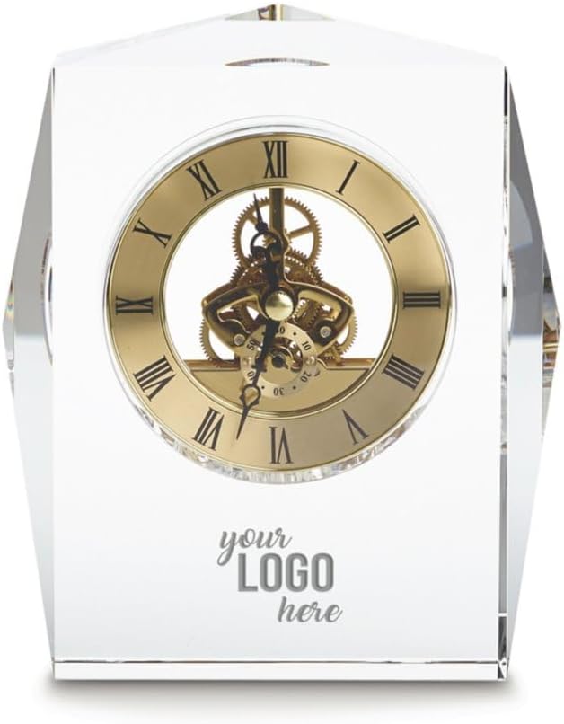 Baudville Custom Engraved Clock Trophy - Executive Crystal - Rectangular Shaped on a Rectangular Base - Gold Inset - Add Your Logo