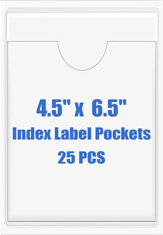 Origin-Joy 25 PCS Self-Adhesive Index Label Pockets, Clear Plastic Peel & Stick Card Holders with Top Open for Loading (4.5 x 6.5 inch)
