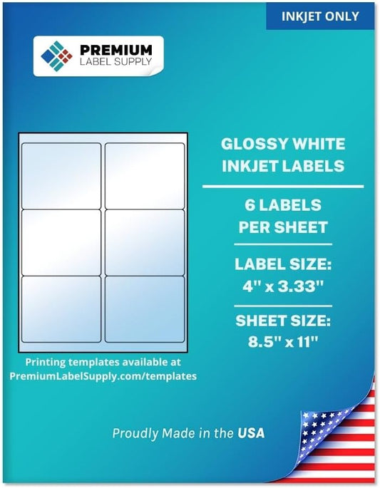 Premium Label Supply Glossy White Sticker Labels – 4" x 3.33" – (6 per Sheet) (Glossy White for Inkjet Only, 60 Labels)