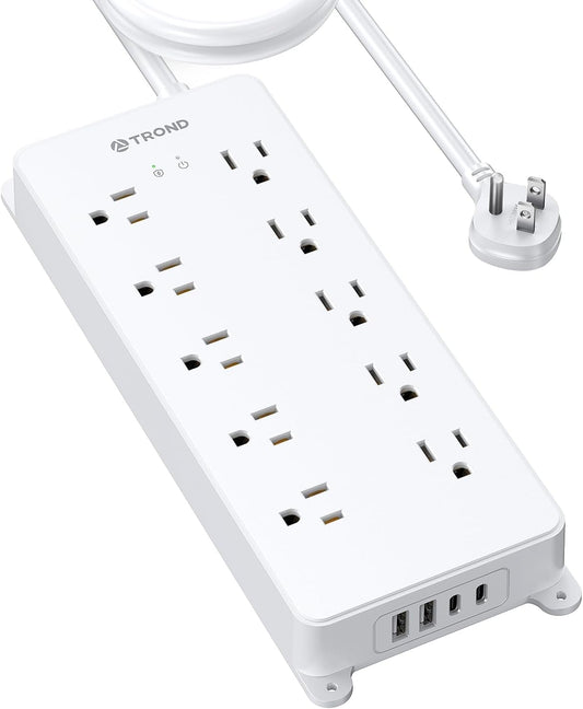 TROND Power Strip Surge Protector, 4000J, ETL Listed, 10 Widely Spaced Outlets, 2 USB A & 2 USB C Ports, Flat Plug Power Strip, 10ft Long Extension Cord, Wall Mountable, for Home Office Garage, White
