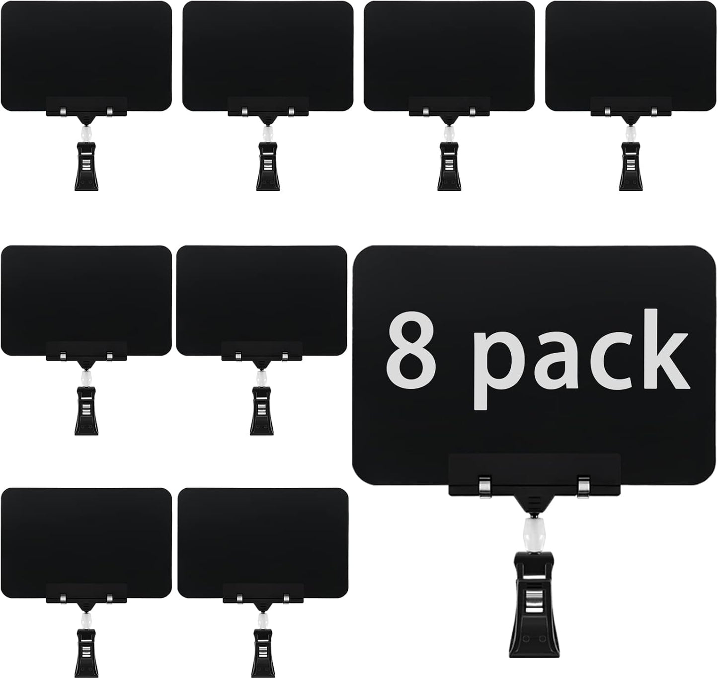 8 Pack Rotating Clip Pop Swivel Sign Rotatable Holding Clamp Sign Holder, Plastic Merchandise Sign Display Clip Holder with 2 Chalk Markers for Food, Store Signs Displays, black