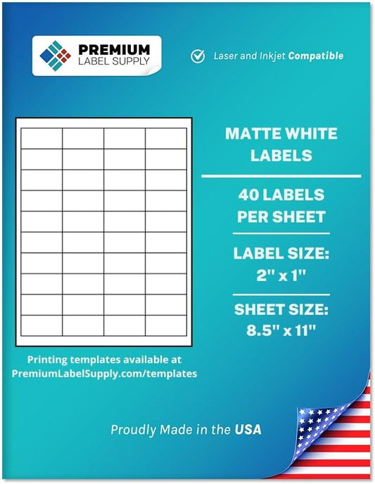 Premium Label Supply White Sticker Barcode Labels – 2" x 1" – Laser/Inkjet Compatible – (40 per Sheet), 500 Sheets – 20,000 Total Adhesive Labels