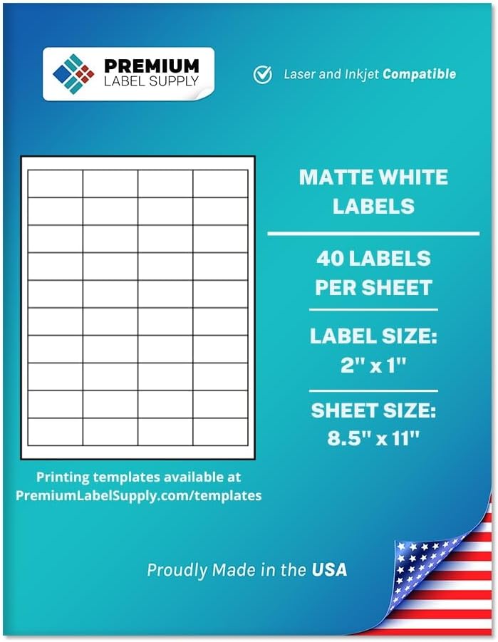 Premium Label Supply White Sticker Barcode Labels – 2" x 1" – Laser/Inkjet Compatible – (40 per Sheet), 25 Sheets – 1000 Total Adhesive Labels