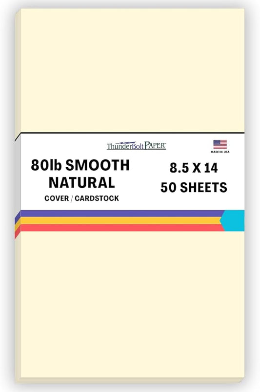 50 Natural Smooth Card Stock Sheets Paper - 8.5 X 14 Inches Legal|Menu Size - 80# (80 lb/Pound) Cover Weight - Quality Paper - Smooth Finish