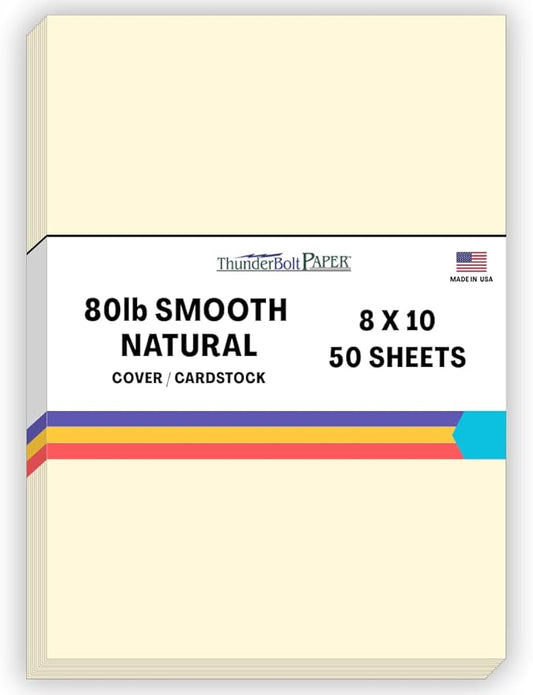 50 Natural Smooth Card Stock Sheets Paper - 8 X 10 Inches Photo|Picture-Frame Size - 80# (80 lb/Pound) Cover Weight - Quality Paper - Smooth Finish
