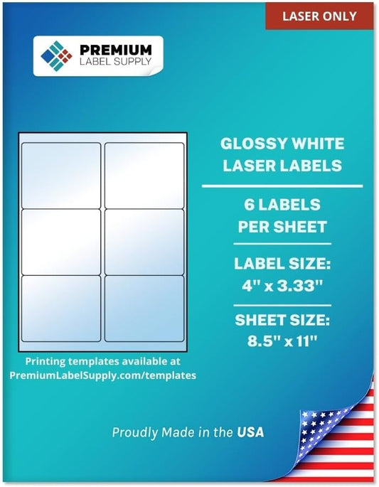 Premium Label Supply Glossy White Sticker Labels – 4" x 3.33" – (6 per Sheet) (Glossy White for Laser Only, 3,000 Labels)