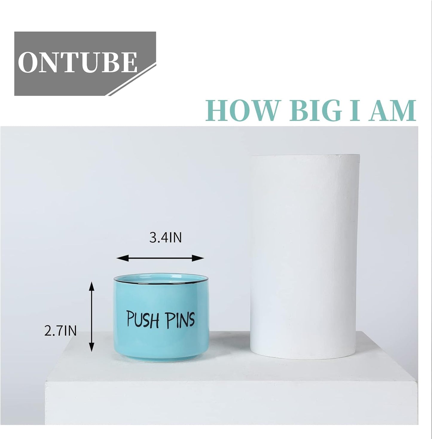 Ceramic Push Pins Holder, Paper Clips Dispenser Organizer for Desk and Binder Clips Holders Container for Office School Home Supplies 3.4Inch, Turquoise