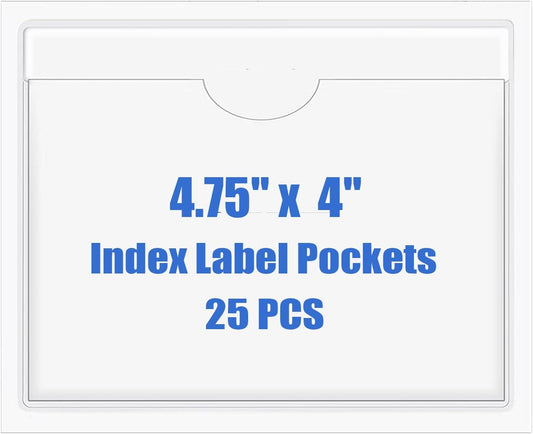 Origin-Joy 25 PCS Self-Adhesive Index Label Pockets, Clear Plastic Peel & Stick Card Holders with Top Open for Loading (4.75 x 4 inch)